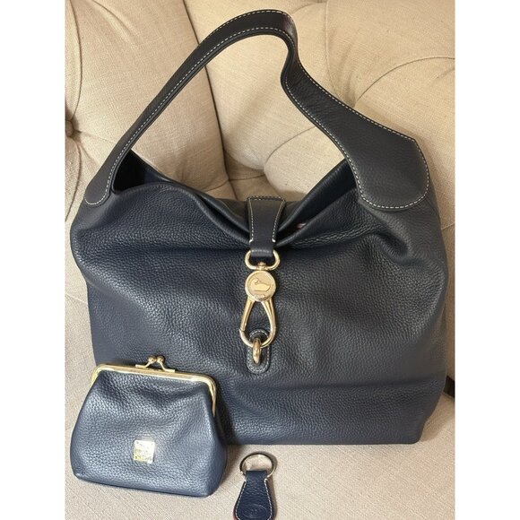 Dooney & Bourke Belvedere Logo Lock Shoulder Bag Navy Blue Leather Coin Purse - Picture 1 of 10